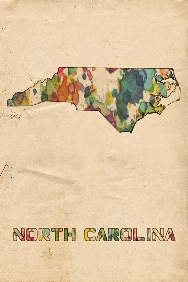 North Carolina Map Vintage Watercolor Painting by Florian Rodarte