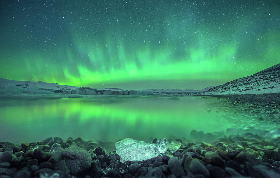 Northern Lights With Reflection At by Coolbiere Photograph