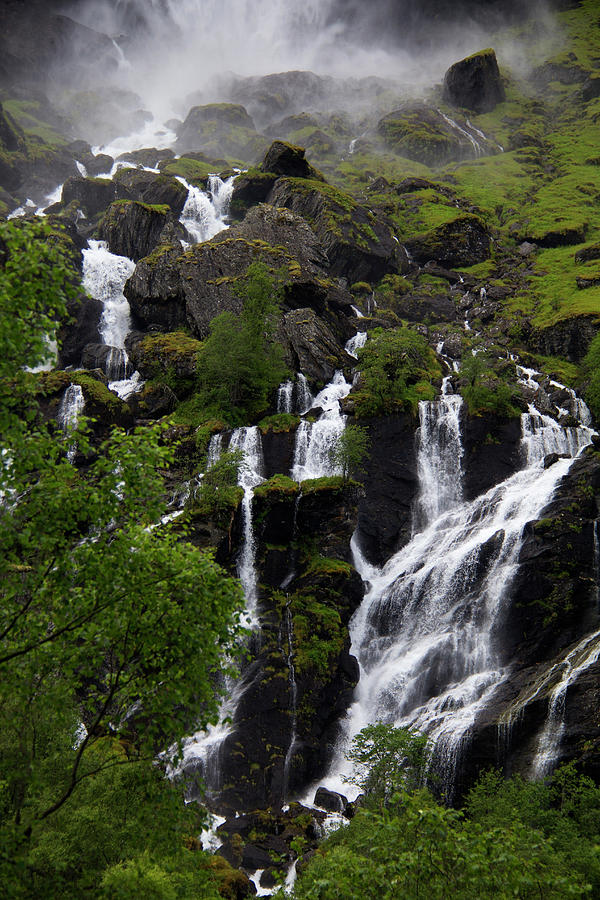 Landscape Photograph - Norway, Flam Lush Waterfall In Flam by Kymri Wilt