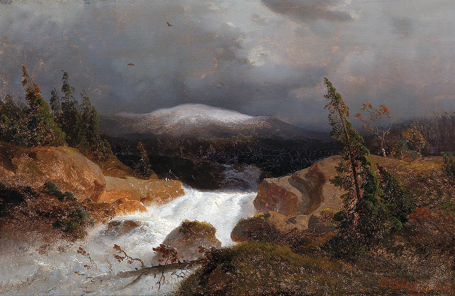 Norwegian mountain landscape with a stream Painting by Andreas Achenbach
