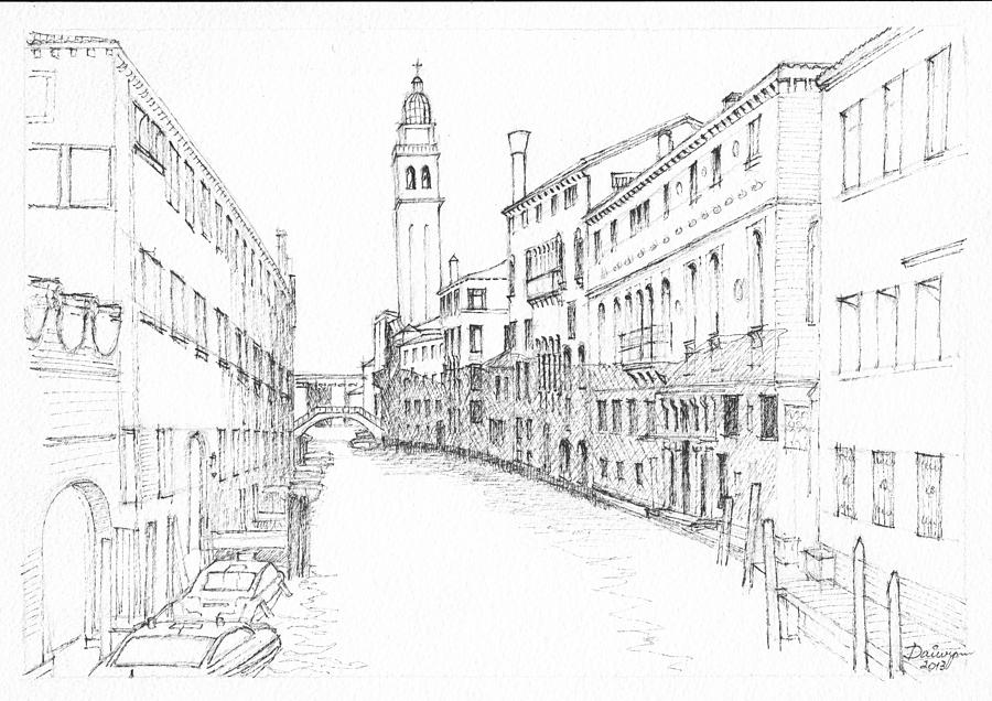 Not Quite Vertical - Leaning Church Tower in Venice Drawing by Dai Wynn
