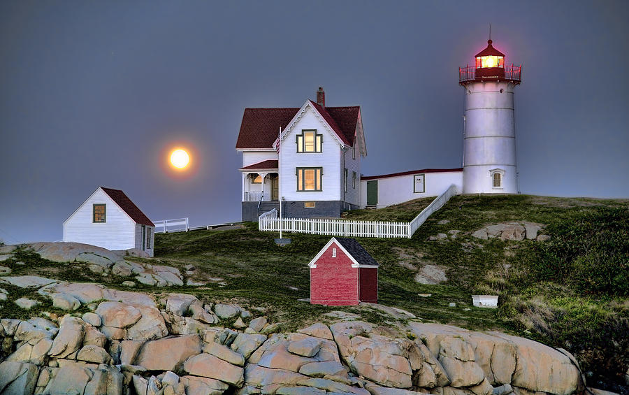 Nubble Light and full moon Photograph by Allan Rube | Fine Art America