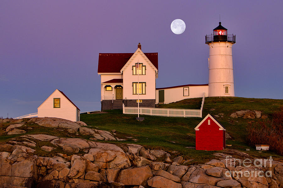 Nubble Lighthouse and Moon Photograph by Jerry Fornarotto