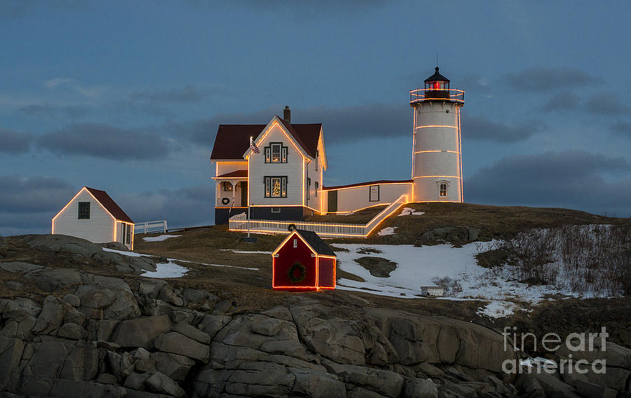 Nubble lighthouse at Christmas Photograph by Steven Ralser