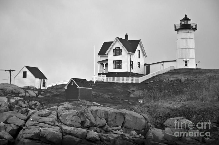 Nubble Lighthouse Cape Neddick Maine Black and White Photograph by Glenn Gordon