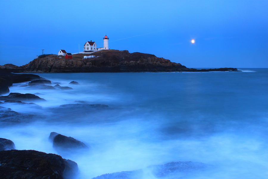 Nubble Lighthouse Full Moon Tide Photograph by John Burk