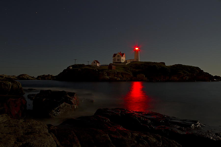 Nubble Lighthouse Lit by the Full Moon Photograph by John Vose