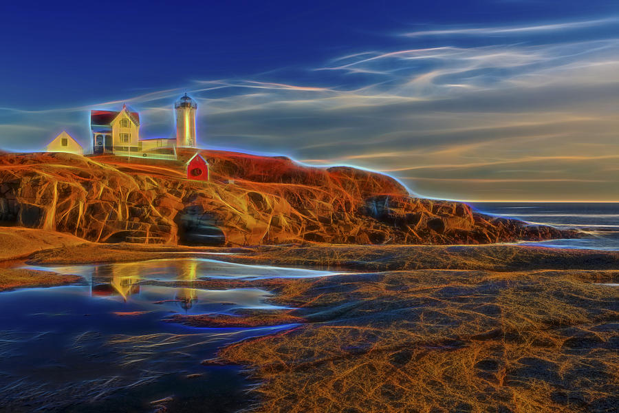 Nubble Lighthouse Neon Glow Photograph by Susan Candelario