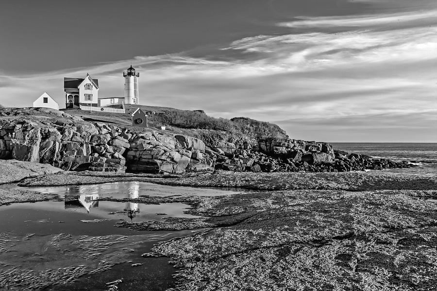 Nubble Lighthouse Reflections BW Photograph by Susan Candelario