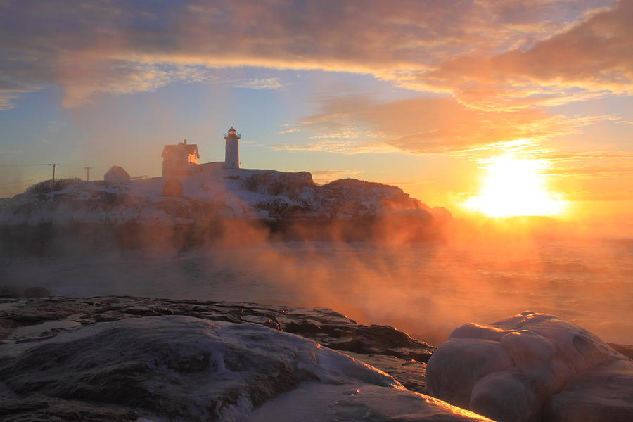 Nubble Lighthouse Sea Smoke Sunrise Photograph by John Burk