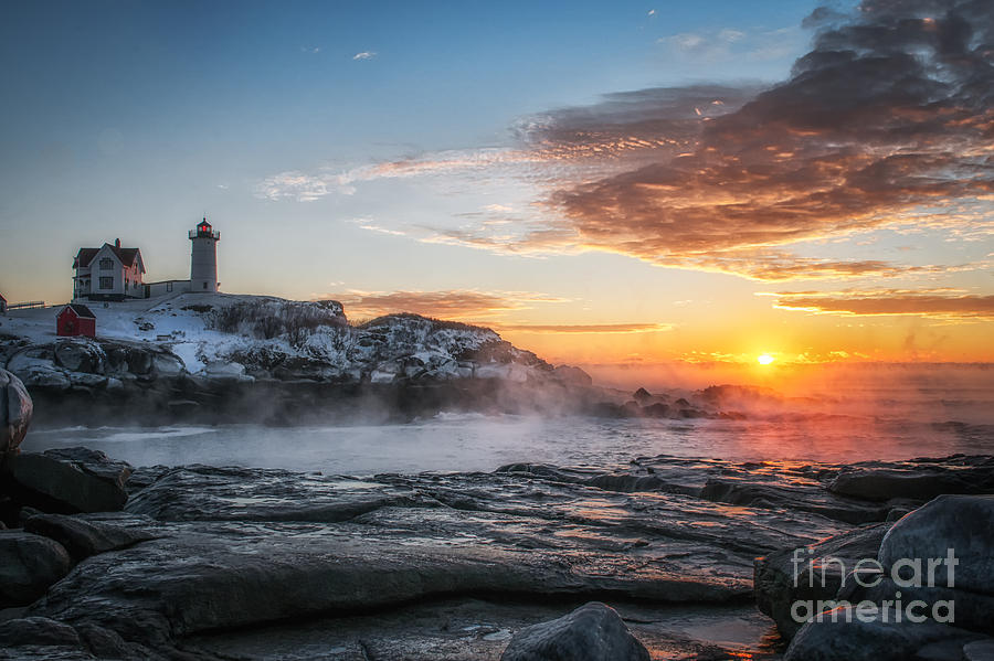 Nubble Lighthouse Photograph - Nubble Lighthouse Sea Smoke Sunrise by Scott Thorp