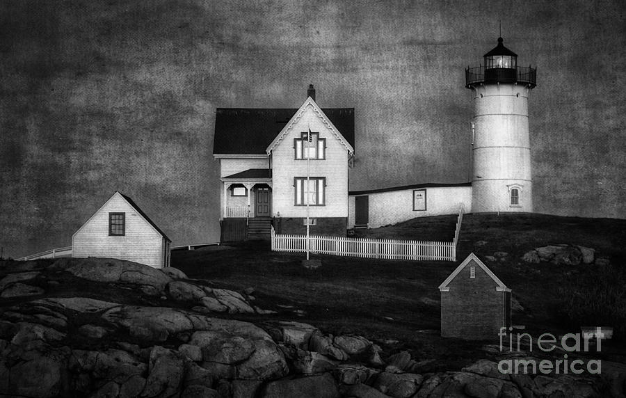Nubble Lighthouse Texture BW Photograph by Jerry Fornarotto