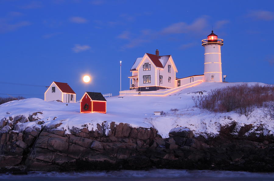 Nubble Lighthouse Winter Moon Photograph by John Burk