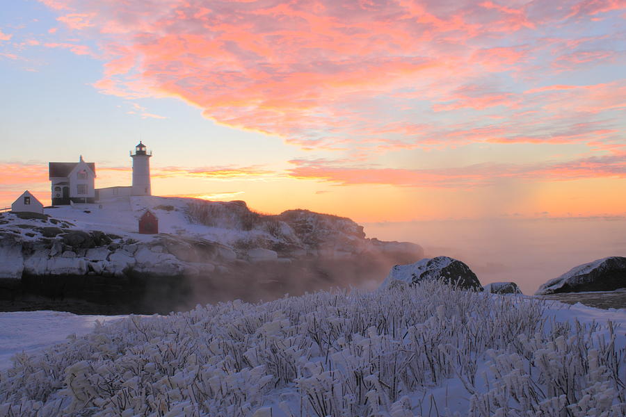 Nubble Lighthouse Winter Sunrise Photograph by John Burk