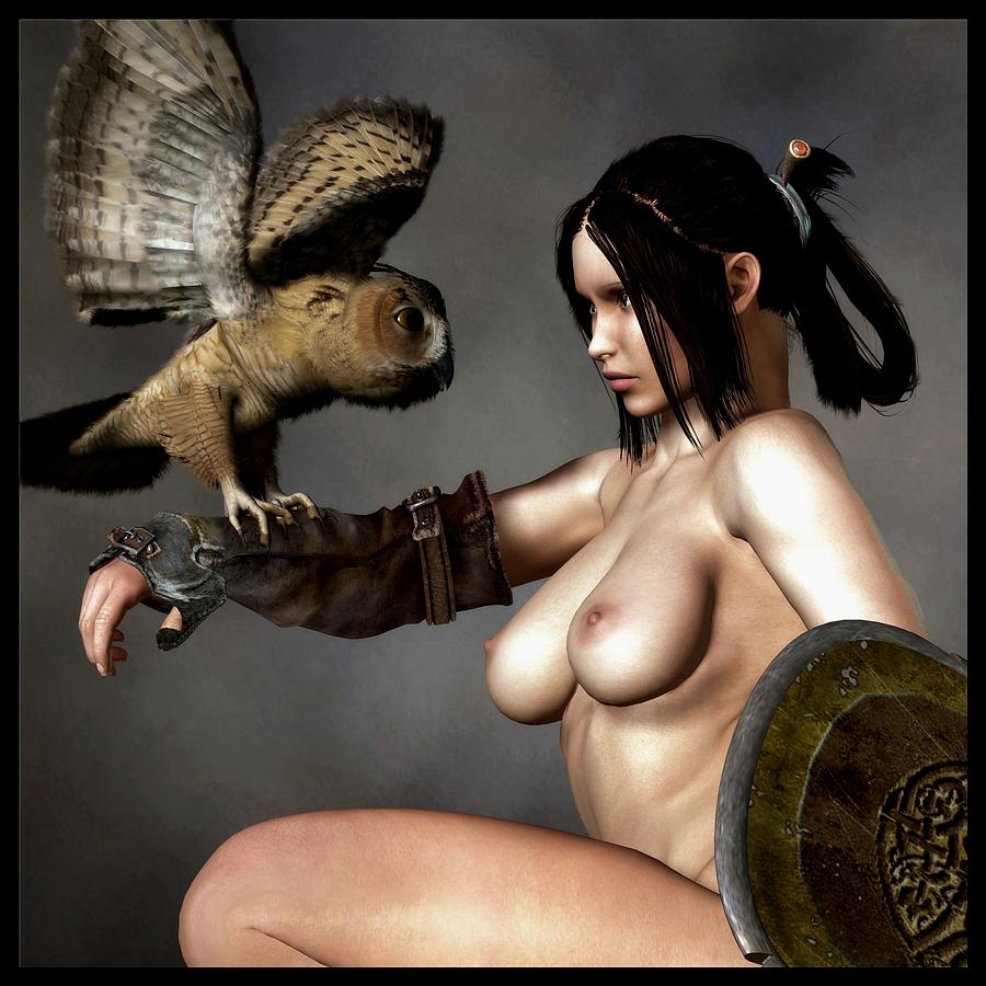 Owl Digital Art - Nude Athena With Owl and Shield by Kaylee Mason