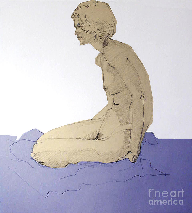 Nude figure in blue Drawing by Greta Corens
