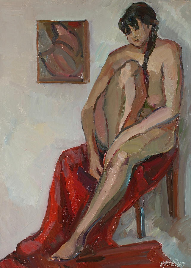 Nude on a red Painting by Juliya Zhukova