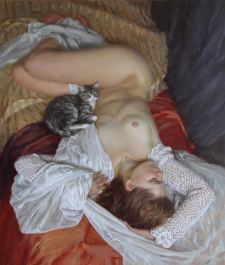 Nude Painting - Nude with a kitten by Korobkin Anatoly