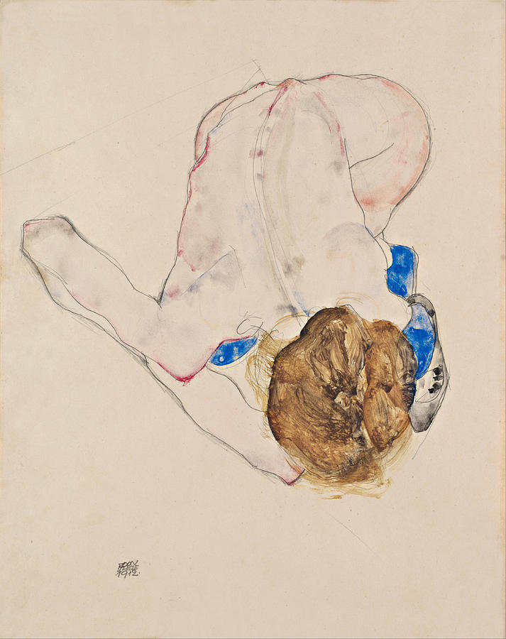 Nude with Blue Stockings Bending Forward Drawing by Egon Schiele