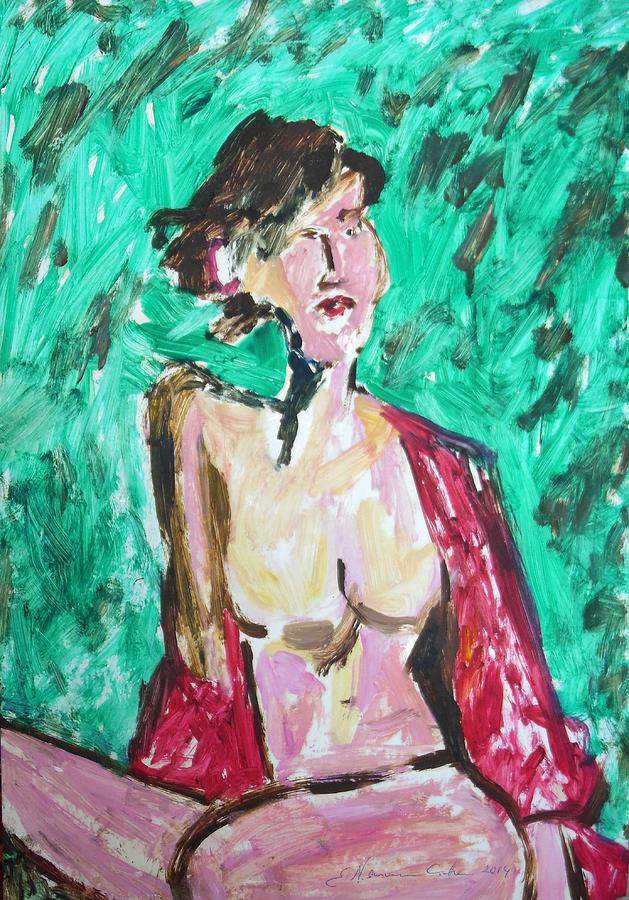 Abstract Painting - Nude with Red Shawl by Esther Newman-Cohen