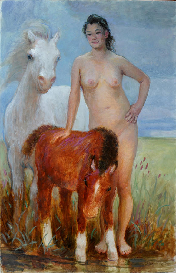 Nude with two horses Painting by Ji-qun Chen
