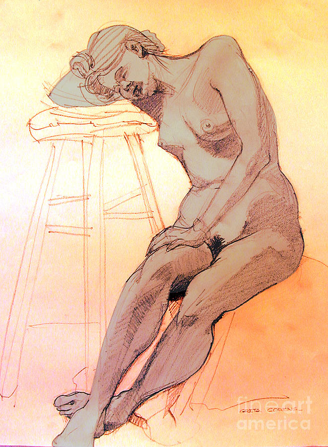Nude woman leaning on a barstool Drawing by Greta Corens