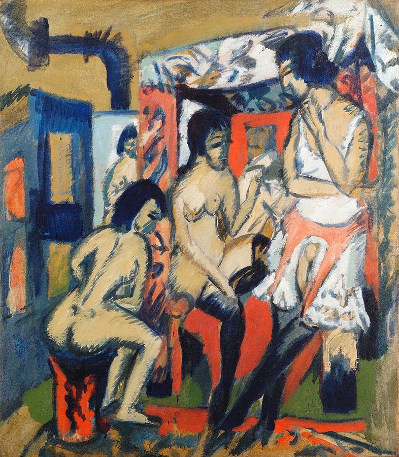Nudes in Studio Painting by Ernst Ludwig Kirchner