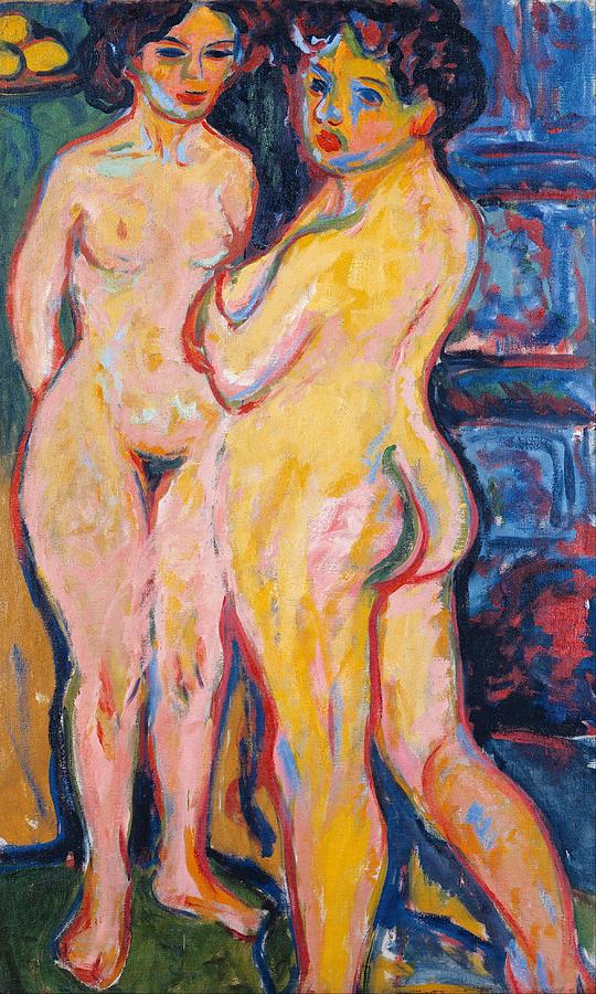 Ernst Ludwig Kirchner Painting - Nudes Standing by Stove by Ernst Ludwig Kirchner