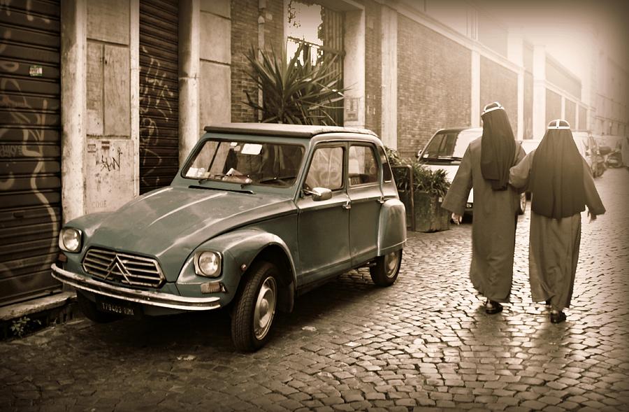 Nuns with Vintage Car Photograph by Steve Natale