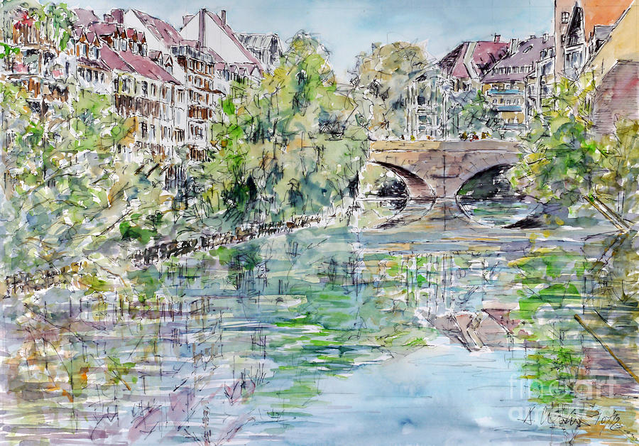 Nuremberg river Pegnitz watching Charles Bridge Painting by Almo M