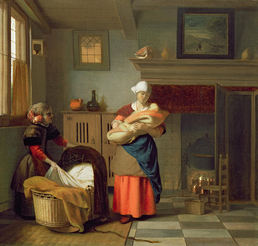 Fireplace Photograph - Nursemaid With Baby In An Interior And A Young Girl Preparing The Cradle by Pieter de Hooch