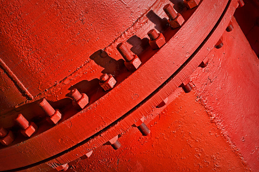 Up Movie Photograph - Nuts and Bolts - Red Pipe by Nikolyn McDonald
