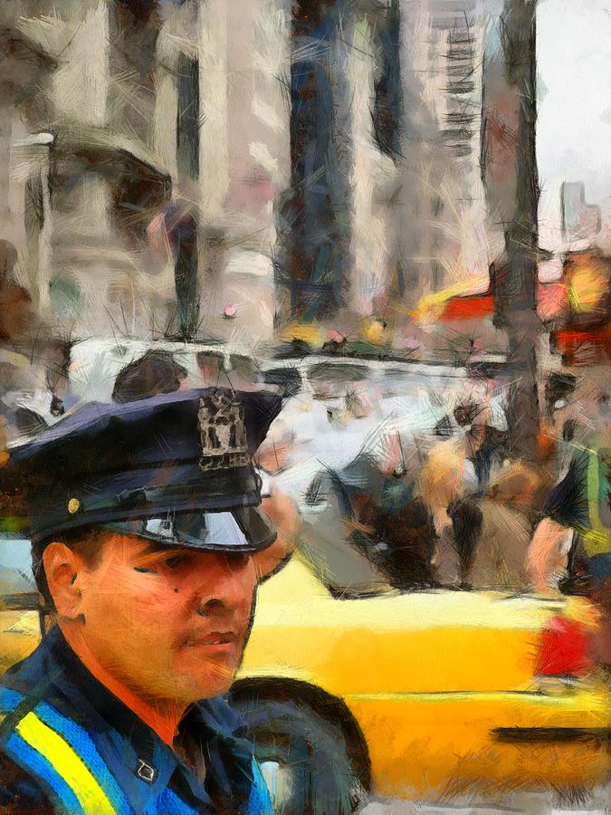 New York traffic cop and yellow cab Photograph by Mick Flynn