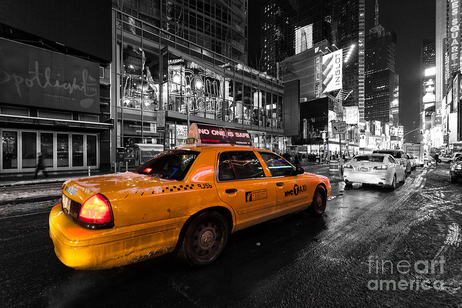 Black And White Photograph - NYC cab times square color popped by John Farnan