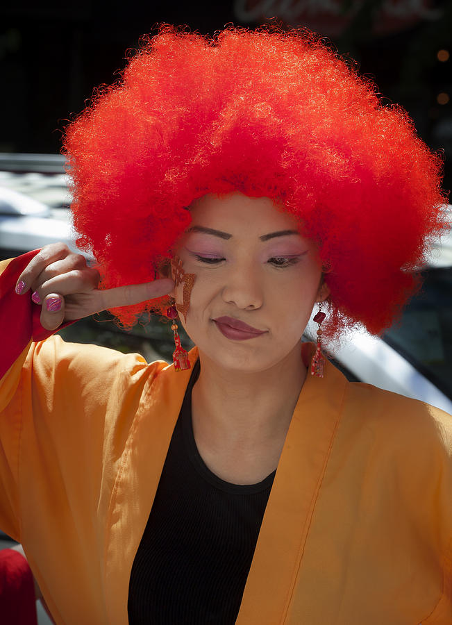 NYC Dance Parade 2014 Asian Dancer with Red Wig Photograph by Robert Ullmann