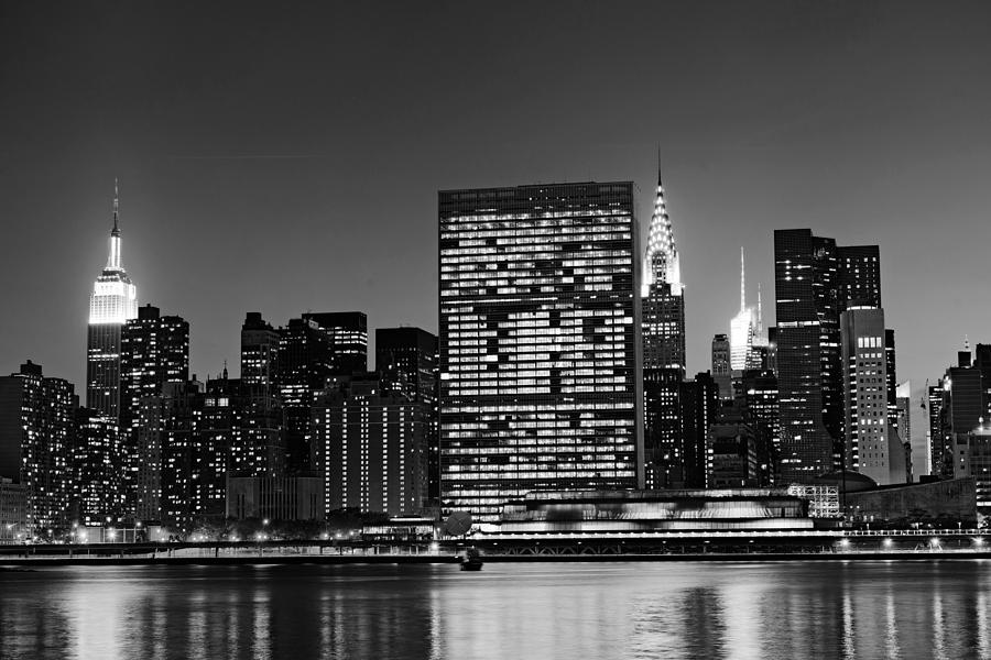 NYC Skyline from Gantry State Park at Night Blackl and White Photograph by David Giral