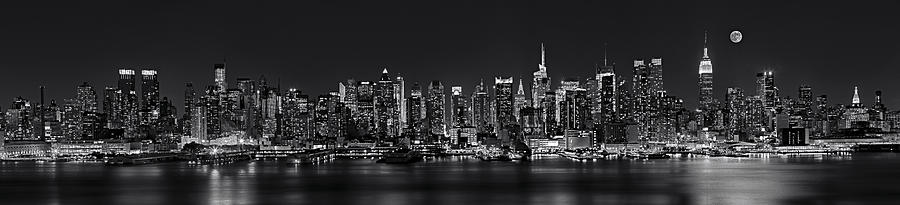 NYC Skyline Full Moon Panorama BW Photograph by Susan Candelario
