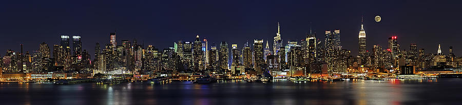 NYC Skyline Full Moon Panorama Photograph by Susan Candelario