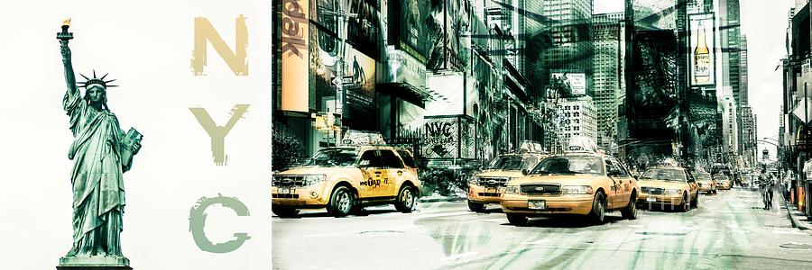NYC-Yellow Cabs and Lady Liberty 3x1-  2 Photograph by Hannes Cmarits