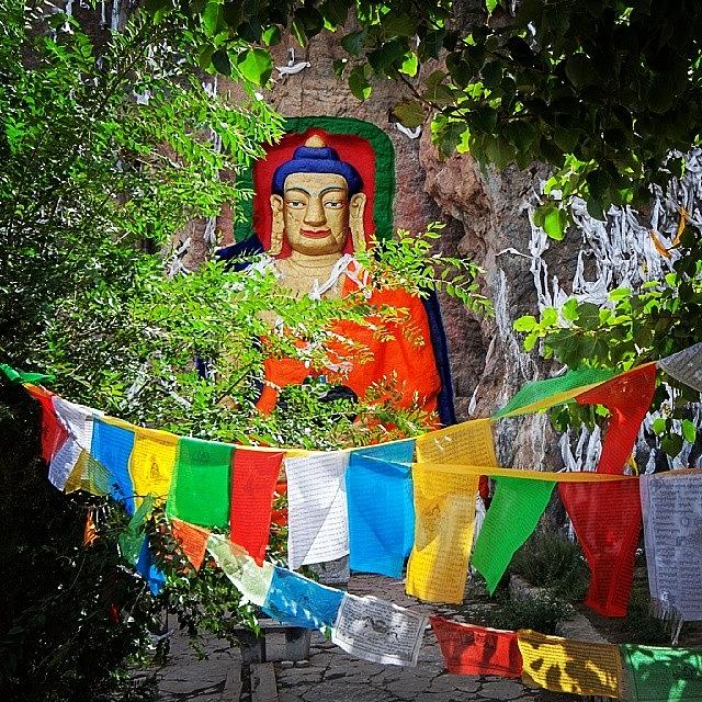 Buddha Photograph - Nyetang Buddha And Prayer Flags by Hitendra SINKAR
