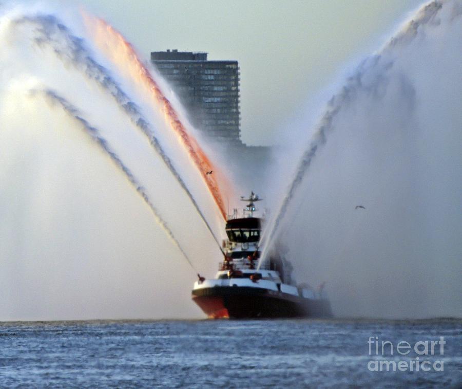 NYFD Boat Red White and Blue Water Spray  I Photograph by Lilliana Mendez