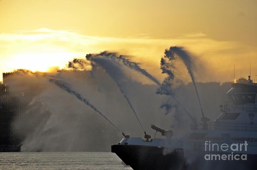 NYFD Boat Water Spray at Sunset Photograph by Lilliana Mendez