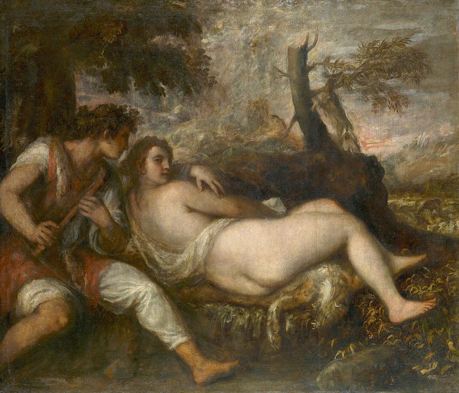Portrait Painting - Nymph and Shepherd by Titian