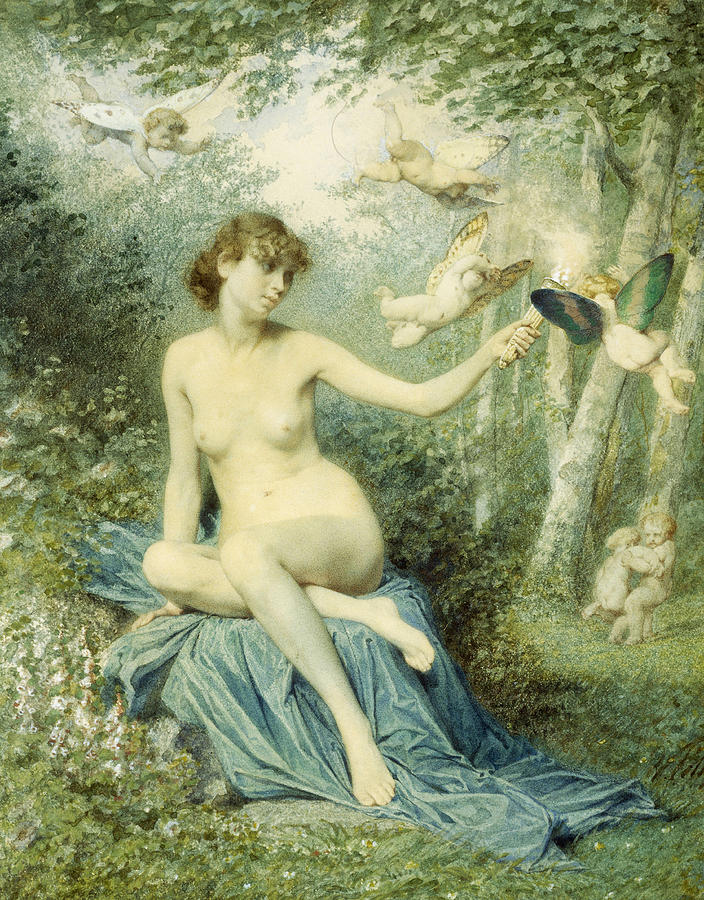 Nude Painting - Nymph driving Love away with a Torch by Victor Florence Pollet