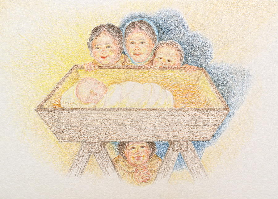 O Come Little Children - Christmas Card Drawing by Michele Myers