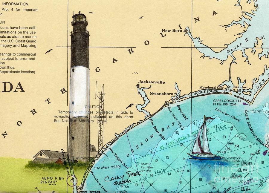 Oak Island Lighthouse NC Nautical Chart Map Art Cathy Peek Painting by