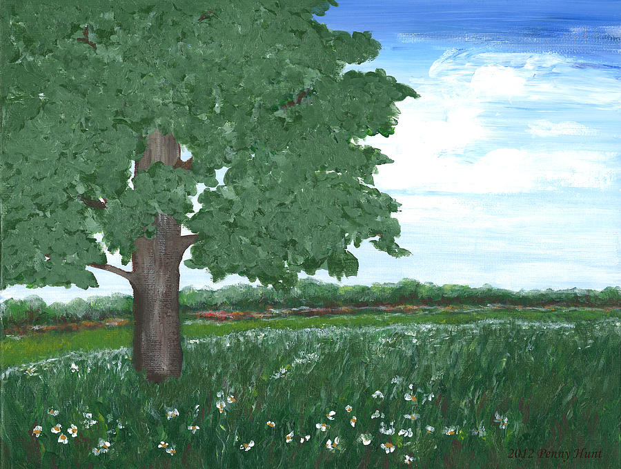 Oak Tree in Summer Meadow Painting by Penny Hunt