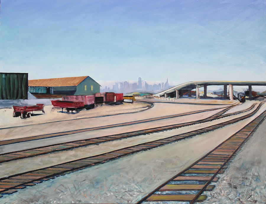 Oakland Train Tracks and San Francisco Skyline Painting by Asha Carolyn Young