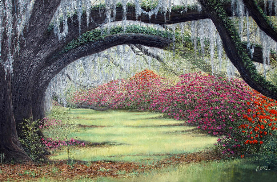 Landscape Painting - Oaks and Azaleas by Judy Merrell