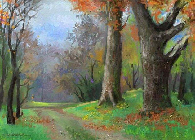 Autumn Landscape Painting - Oaks On The Road by Tancau Emanuel